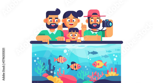 Family Observing Marine Life Together In An Aquarium Illustrative Visualization Scene