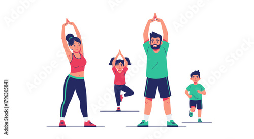 Family Morning Workout Illustration Depicting Exercise and Well-being against Black Background