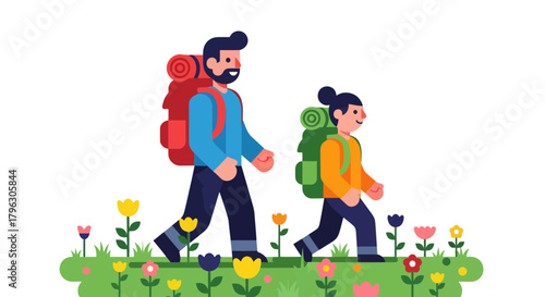 Father And Child Hiking Together, A Journey Into Nature Together With Backpacks