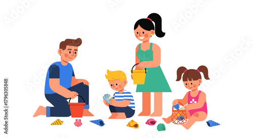 Family On The Beach Enjoying Coastal Fun Activities And Collecting Seashells Together