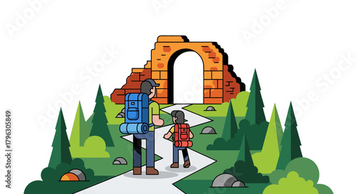 Father And Child Hiking Towards a Mysterious Portal Exploring Nature's Wonders