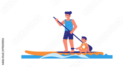 Father And Child Paddleboarding On Water With A Black Background Is A Great Illustration