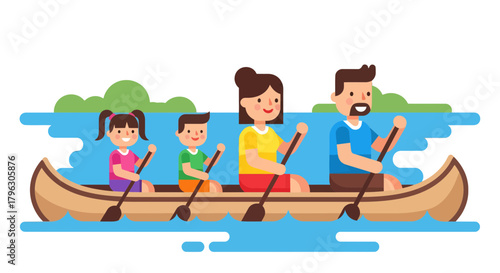 Family Paddling Together on a Tranquil Lake in a Simple, Vibrant Flat Illustration