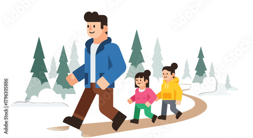 Father And Children Enjoying Leisure Time, Walking In The Nature, Family Fun