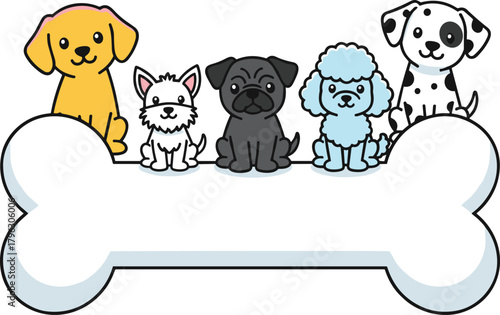 Cute cartoon dogs on bone background — colorful puppy illustration banner for pet shop, dog grooming, or veterinary design