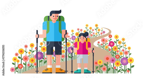 Father And Daughter Hiking Together, Enjoying The Flower-Filled Trail With Walking Poles