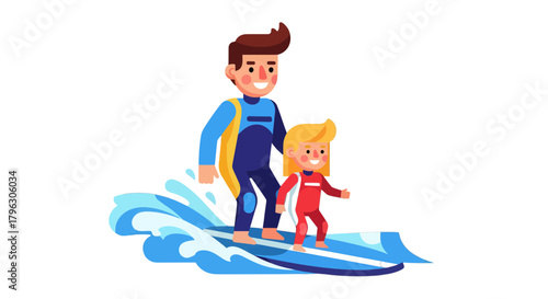 Father And Daughter Surfing Together Embracing Joyful Watersports Adventure