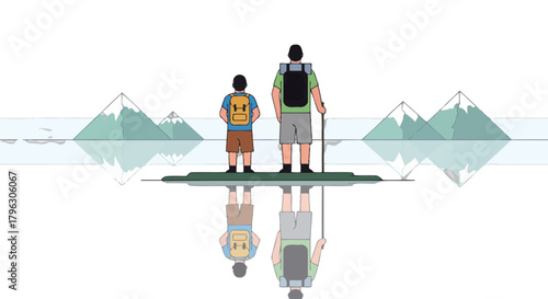 Father And Son Adventure Discovering Mountains And Discovering Reflections