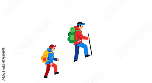 Father And Son Adventure Hiking Together Towards Their Mountain Goal And Journey