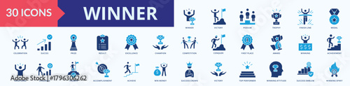 Winner Icon  Set Flat Blue style illustration Vector Concept