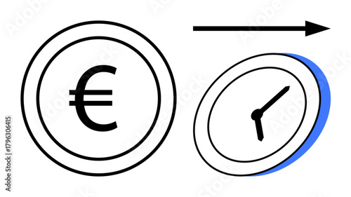 Coin featuring Euro symbol alongside a tilted clock with time hands and directional arrow. Ideal for finance, time value, productivity, investment, speed, efficiency, and urgency concepts. Clean