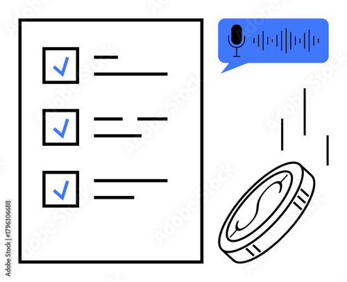 Checklist with blue checkmarks, voice input icon with waveform, flipping coin in motion. Ideal for productivity, task prioritization, decision making, AI technology, automation, innovation simple