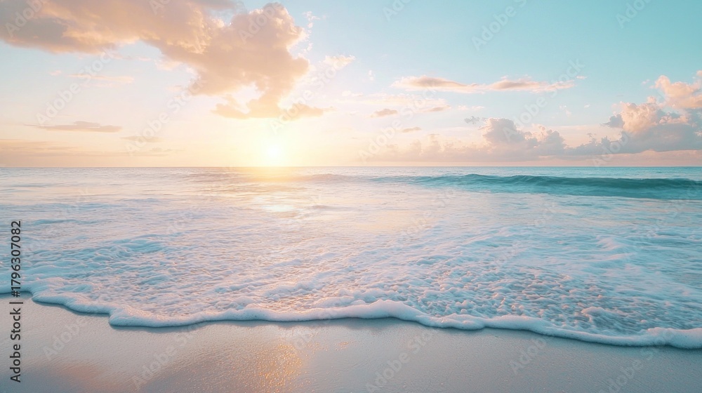 Fototapeta premium A serene beach scene with a vibrant sunset and gentle waves.