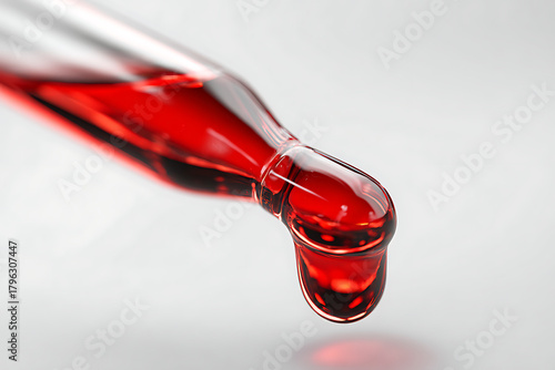 Intense macro of a glass dropper filled with vibrant red liquid, perfect for pharmaceutical, scientific, or medical themes, symbolizing research, innovation, and precision in experiments