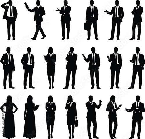 Business people silhouettes set, professional men and women in office attire, teamwork concept, elegant corporate illustration, modern business vector design