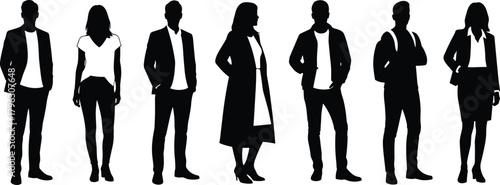 Business people silhouettes standing together, diverse professional team figures, office worker vector collection, modern corporate group poses for branding design