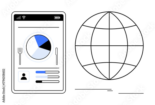 Smartphone screen displaying nutrition tracking with pie chart and user data beside a global network icon. Ideal for health, diet, technology, connectivity, innovation, data, lifestyle. Simple flat