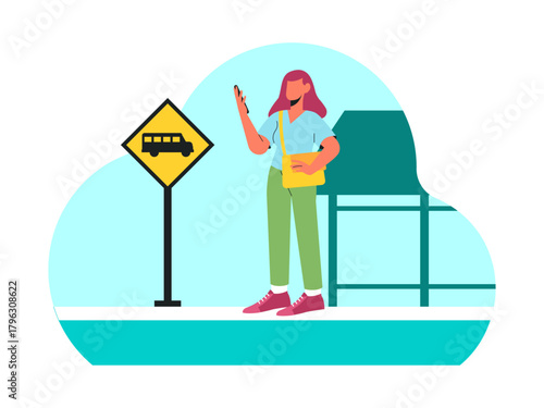 A female student standing alone waiting for the bus at the bus stop while playing on her cell phone. Back to school vector illustration. Flat illustration concept.