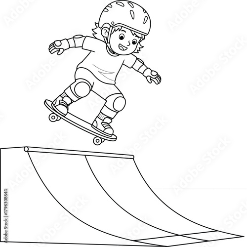 Happy Kid Skateboarding on a Ramp Outline - Young Skater Performing Stunt