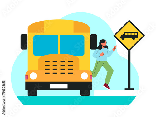 female student getting off the school bus, she got off at the bus stop near her house. Back to school vector illustration. Flat illustration concept.