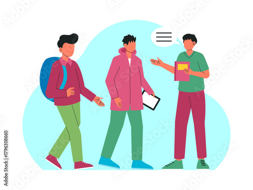 Male students are asking their friends about today's lesson. Back to school vector illustration. Flat illustration concept.