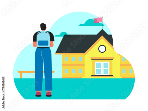 Boy student is standing in front of his school, he is about to enter the school waiting for his friend to come. Back to school vector illustration. Flat illustration concept.