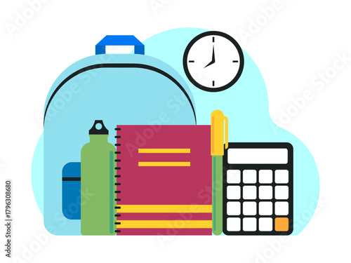School equipment such as backpacks, books, calculators, pens, and tumbler. Back to school vector illustration. Flat illustration concept.