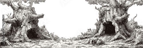 Frame of two old tree stumps, hand-drawn clip art, vector illustration isolated on white background