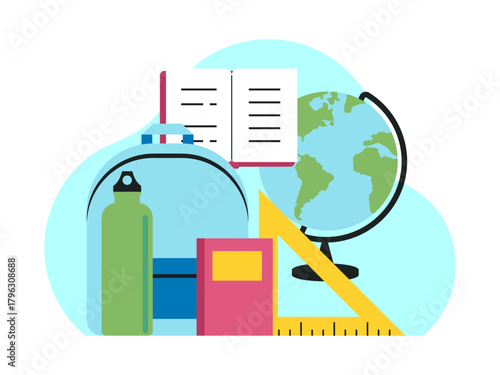 School equipment such as backpacks, globe, books, triangular rulers and water bottles. Back to school vector illustration. Flat illustration concept.