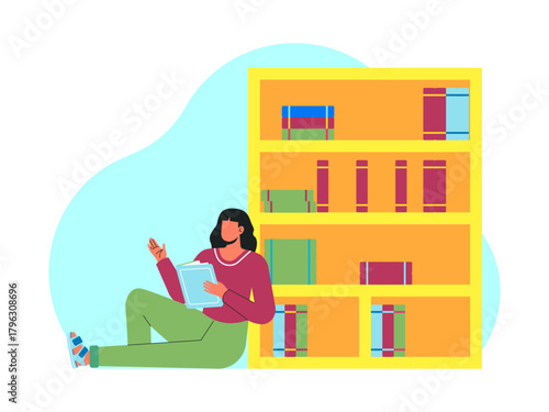 A female student is reading a book in the library, sitting on the floor while leaning against a bookshelf. Back to school vector illustration. Flat illustration concept.