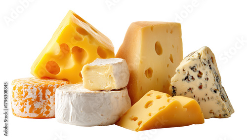 The image shows a variety of cheeses arranged in a pile. There are different types, shapes, and colors of cheese, including soft, hard, and semi-hard varieties. Some pieces have holes, some have a smo