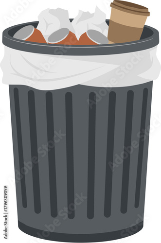Simple Flat Style Full Trashcan with Coffee Cup and Paper Waste Illustration