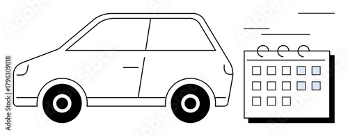 Compact car driving alongside a calendar with highlighted days. Ideal for travel, planning, logistics, time management, transportation, appointments, scheduling concepts. Minimalistic flat metaphor