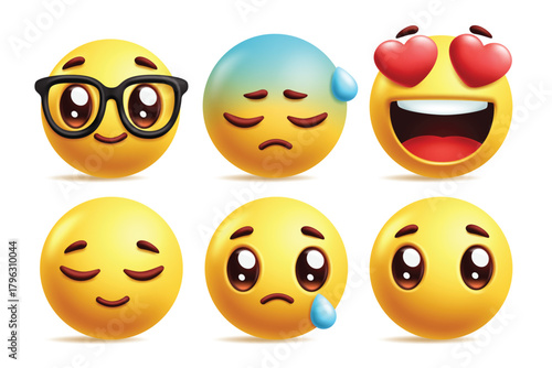 Emoji in love emoticon character clipart set. Yellow emojis clipart with in love, nerd, sad, cry, quiet and speechless emoji symbol collection vector illustration.
