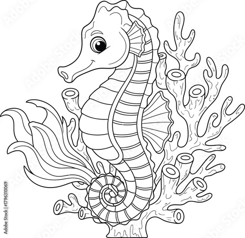 Cute Cartoon Seahorse with Coral and Seaweed Outline - Marine Life Line Art