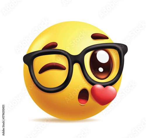 Emoji nerd and flying kiss emoticon character clipart. Yellow emoji symbol nerd, in love, flying heart kiss, I like you and winking facial expression wearing eyeglasses design element clip art vector 