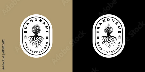 Retro Vintage Symbol Handmade Tree Roots emblem symbol, Brewery Element Vector Logo Illustration