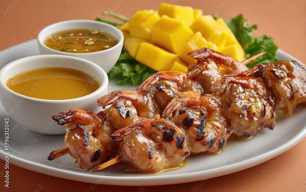 Naklejka premium Delectable Grilled Prawn Skewers with Mango and Dipping Sauces A Culinary Delight from Vietnamese Cuisine