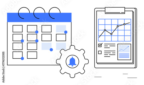 Calendar with marked dates, notification gear, and performance analytics on clipboard chart. Ideal for planning, productivity, time management, project tracking, workflow efficiency, task
