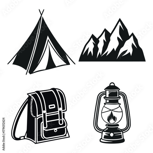 Camping and hiking adventure icons including tent, mountains, backpack and lantern