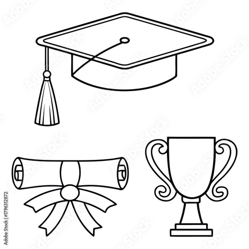Black and white vector illustration of graduation icons including cap, diploma and trophy