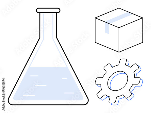 Flask with liquid, cogwheel, and package box highlighting innovation, research, production. Ideal for science, engineering, logistics development industry progress manufacturing themes. Simple