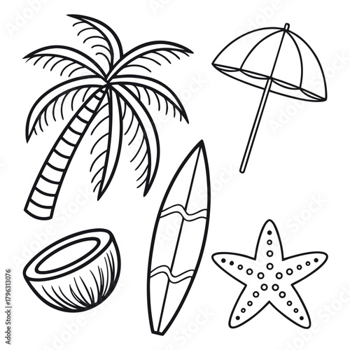 Hand drawn tropical beach elements including palm tree, surfboard, starfish, umbrella and coconut
