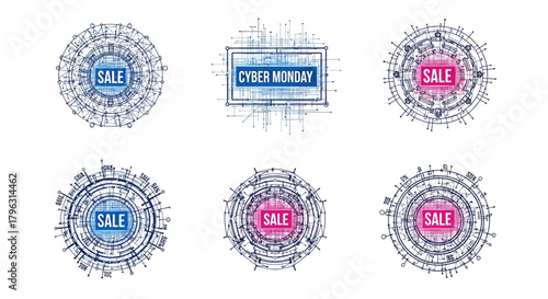 Cyber Monday Tech Circuit Sale Icons with Digital Abstract HUD Design