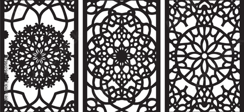 Intricate Ornamental Design: A close-up view presents an elaborate display of three panels, each adorned with a unique ornamental design. The panels exhibit meticulous details and symmetry.
