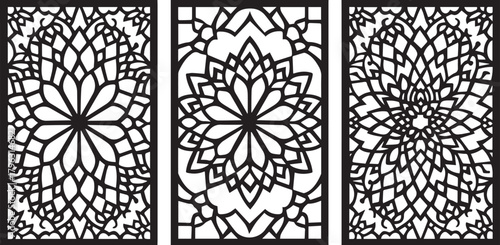 Intricate Patterns Panel: Three elegant panels, their surfaces exquisitely etched with complex, radial symmetry patterns, create a striking interplay of form and light. 