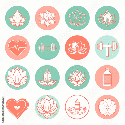 Modern minimalist vector icons for wellness, health, yoga, and fitness. Elegant line art illustrations depict meditation, lifestyle, and well-being concepts for digital designs