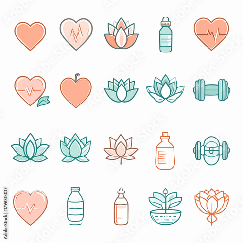Health and Wellness Icons A Collection of Heartbeats, Lotuses, Water Bottles, and Dumbbells