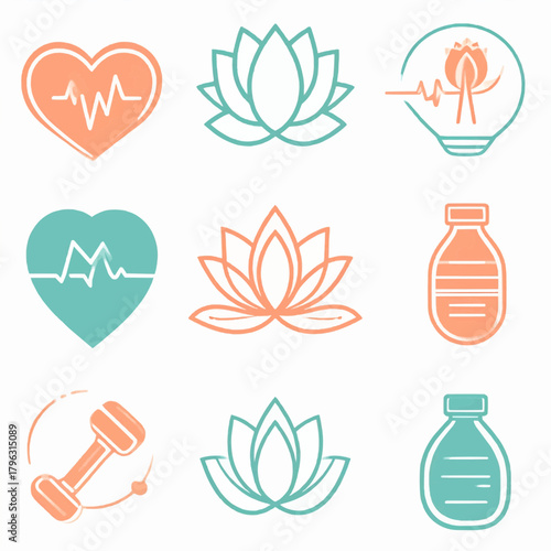 Vibrant vector icon set illustrating holistic health, physical fitness, mental well-being, and nutritional balance, perfect for wellness applications