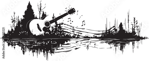 Harmony of Nature and Music: An acoustic guitar seamlessly integrates into a serene landscape, its strings flowing like musical notes over a still lake, echoing the tranquility of nature.